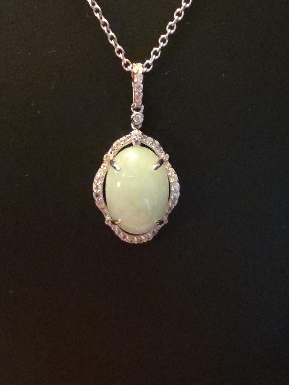 Jade With White Zircon Halo Pendant Sterling Silver Necklace